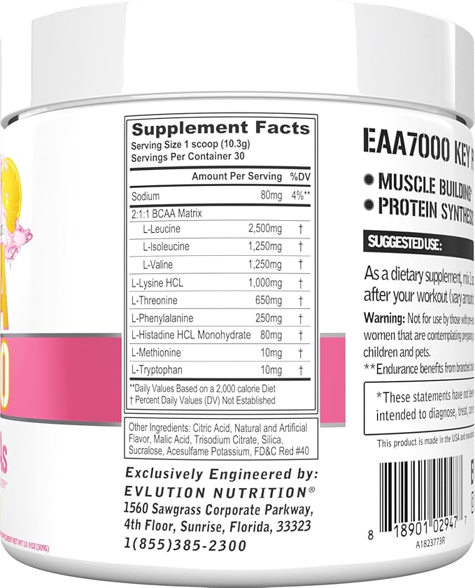 EAAs Amino Acids Powder - EAA Essential Amino Acids Pre &amp Post Workout Powder for Muscle Building Endurance and Recovery Support with 7g per Serving Plus 5g BCAAs (Pink Lemonade 30 Servings)