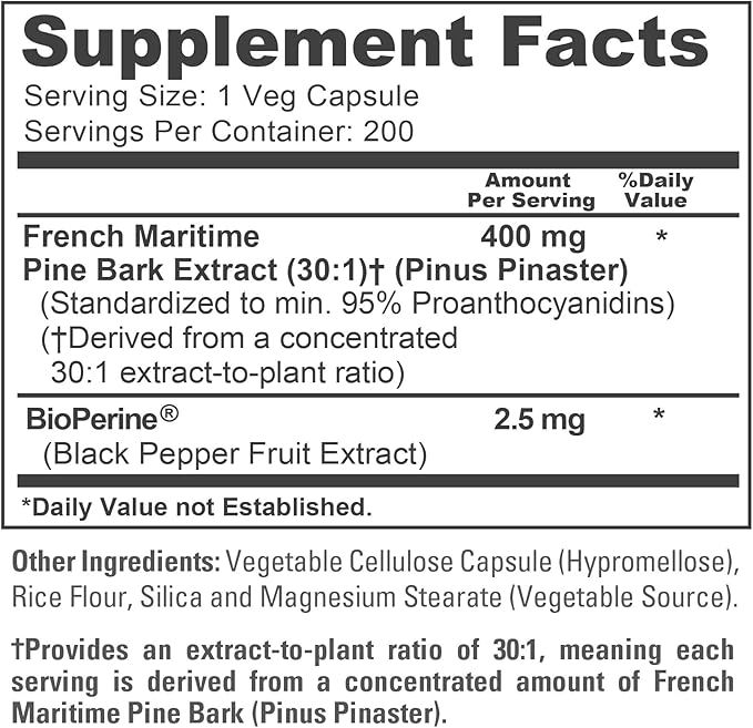 NusaPure French Maritime Pine Bark Capsules 400 mg 200 Veg Capsules (Non-GMO Vegan)