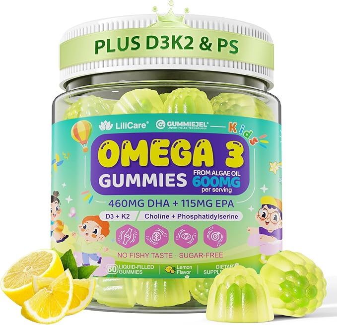 Omega-3 for Kids 4+ Focus DHA Gummies Plus EPA from Algae Vitamin D3 K2 Choline &amp PS for Bone Cognitive &amp Immune Health Zero Sugar Ultra-High DHA Fish Oil Alternative Children Ages 4+ 6