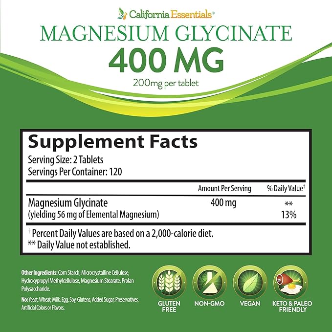 Magnesium Glycinate 400 - Chelated High Absorption Magnesium for Muscle Relief Bone &amp Heart Support -Vegan Non-GMO Gluten-Free 240 Tablets (Servings 120 Serving Size (2) 200mg Tablets)