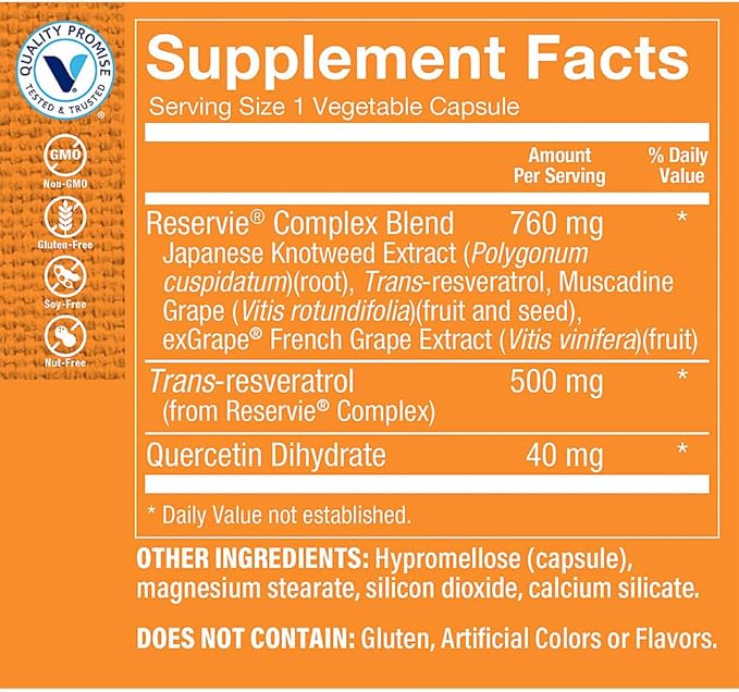 The Vitamin Shoppe Trans-Resveratrol 500mg - Cardiovascular &amp Longevity Support | Potent Antioxidant | 60 Veggie Caps | Non-GMO Vegan