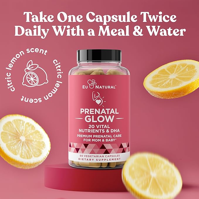Eu Natural Glow Prenatal Vitamins for Women - 20-in-1 Prenatal Multivitamin with Folate &amp Vegan DHA - Supports Healthy Pregnancy Fetal Development &amp Mom’s Comfort - 120 Vegetarian Capsules