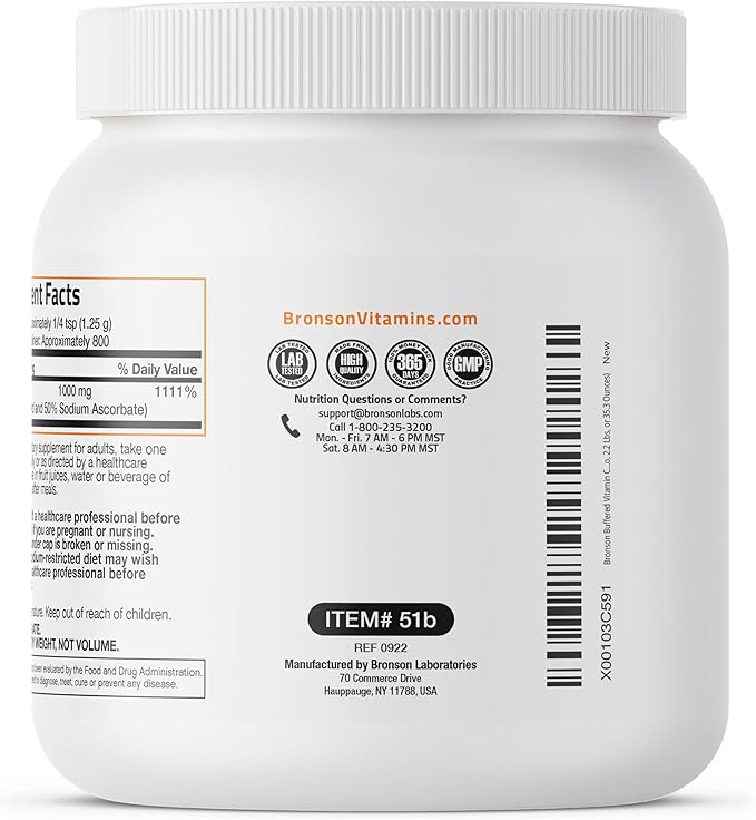 Bronson Buffered Vitamin C Powder Ascorbic Acid Buffered with Sodium Ascorbate Soluble Fine Crystals – Promotes Healthy Immune System and Cell Protection – Powerful Antioxidant - 1 Kilogram (2.2 Lbs)
