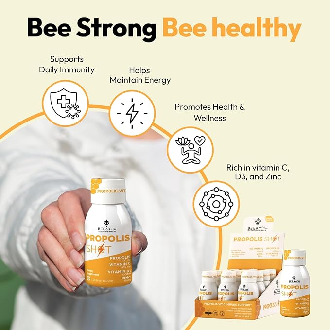 BEE and You Immune Support 100% Natural Propolis Shot Supplement Antioxidants Vitamin C VIT D3 Zinc Orange Juice Raw Honey 1.69 fl. oz x 12 Bottles