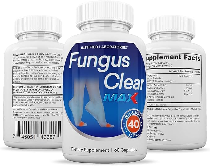 Justified Laboratories (2 Pack Fungus Clear Max Pills 40 Billion CFU Probiotic 120 Capsules