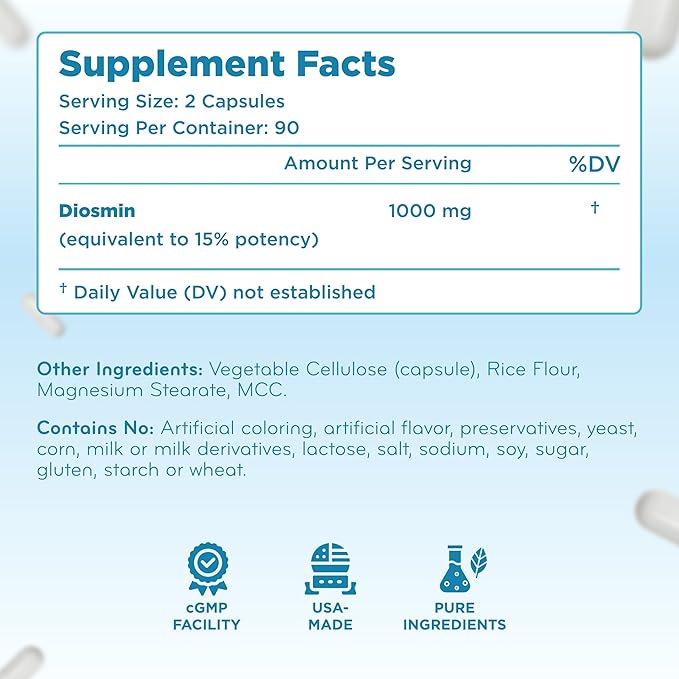 Diosmin 1000mg Circulation and Vein Support Supplement - High Strength Diosmin Varicose Leg Vein Supplement - Vegan Non-GMO &amp Gluten Free - Formulated in American cGMP Lab (90 Servings)
