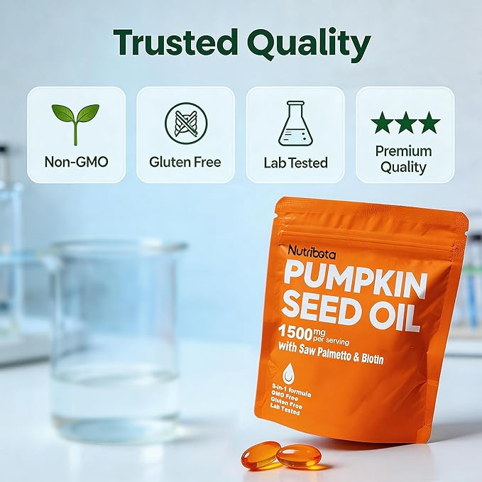 Pumpkin Seed Oil Supplement 1500 mg per Serving with Saw Palmetto &amp Biotin Advanced 3-in-1 Plant-Based Men’s Wellness &amp Hair Nutrition Formula Non-GMO Gluten Free Lab Tested Softgels