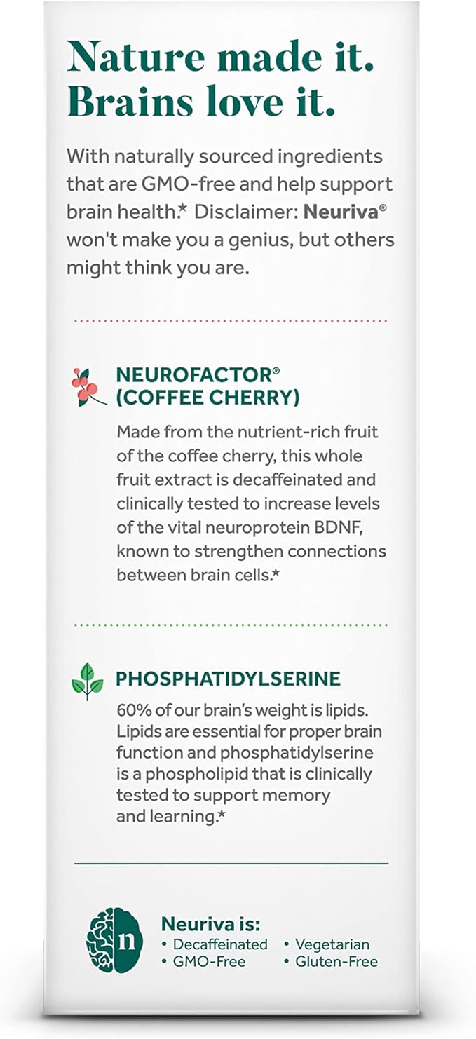 NEURIVA Original Decaffeinated Clinically Tested Nootropic Brain Supplement for Memory Focus &amp Concentration NeuroFactor &amp Phosphatidylserine 28ct Capsules