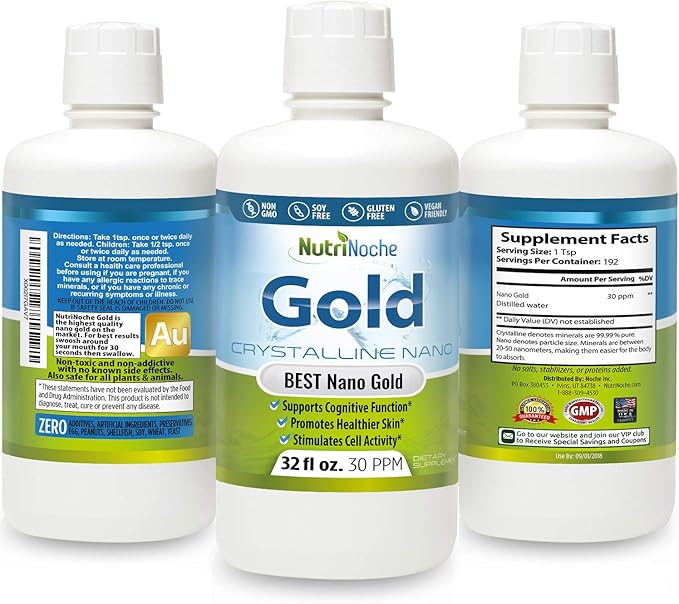 Colloidal Gold Liquid Organic Supplement by Nutrinoche - 100% Pure Nano Gold Mineral - Supports Mental Clarity Focus &amp Relaxation - 32 oz Bottle - Vegan Gluten-Free - Crystalline- 30 ppm