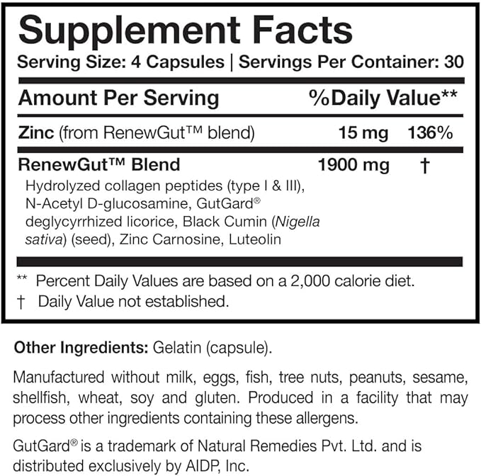 Researched Nutritionals RenewGut - GI Complex to Support Gut Lining Healthy Histamine Levels &amp Digestive Health - Collagen Peptides Zinc Carnosine DGL &amp N Acetyl Glucosamine (120 Capsules)
