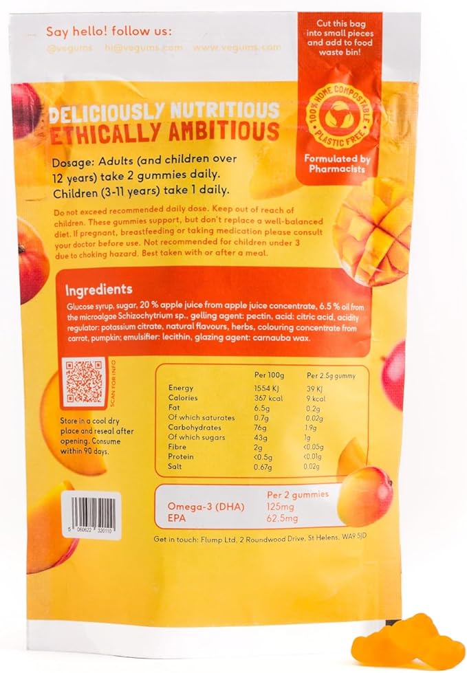 Vegums Fish-Free Omega-3 Gummies - 60 Orange-Flavored Algae-Based Omega-3 (DHA) &amp Vitamin E Supplement for Kids &amp Adults - Vegan &amp Vegetarian Friendly