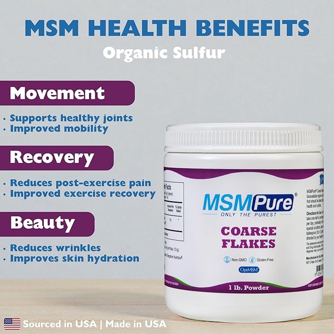 KALA HEALTH MSMPure Coarse MSM Powder Flakes – US-Made MSM for Joint Health Skin Appearance and Hair &amp Nail Support – 1 lb Organic Sulfur