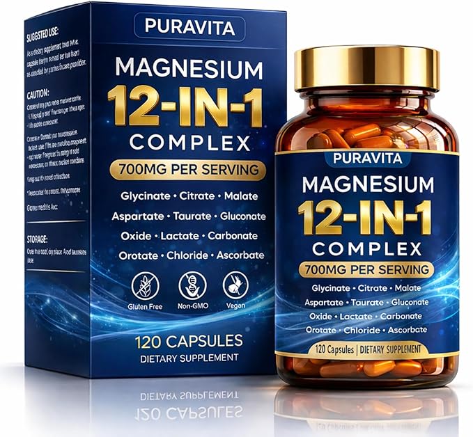 Puravita Magnesium Complex Puravita 12 in 1 Magnesium Supplement 700mg with Glycinate Citrate Malate Oxide Taurate &amp More – High Absorption for Muscle Nerve &amp Sleep Support 120 Capsules