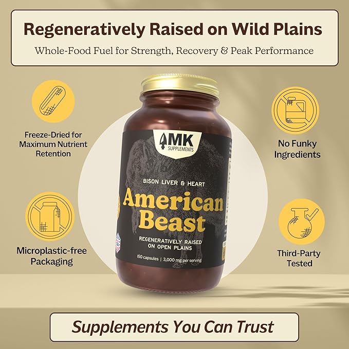 MK Supplements American Beast | Bison Liver &amp Heart Capsules | ~49x More CoQ10 Than Beef Liver | Regeneratively Raised Bison | 150 Capsules