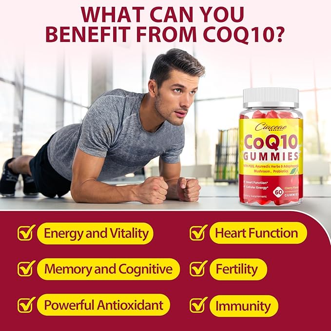 CoQ10 Gummies with PQQ - 400 MG Coenzyme Q10 High Potency Enhanced with Ayurvedic Herbs Adaptogenic Mushroom Blend &amp Probiotics for Heart Brain Energy Immunity Cherry Flavor 120 Vegan Gummi