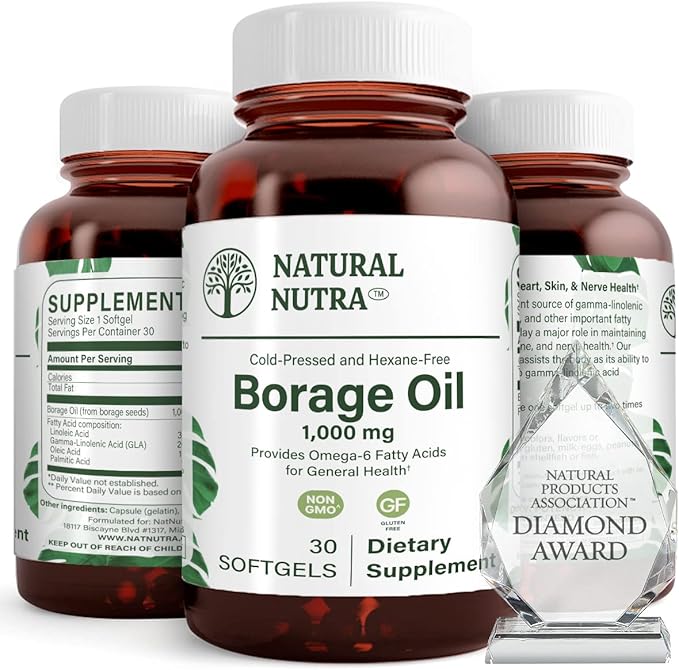 Natural Borage Oil Supplement – Rich in Gamma-linolenic Acid (GLA) A Potent Omega-6 Essential Fatty Acid Known for Supporting Skin Nerve and Joint Health 30 Soft gels.