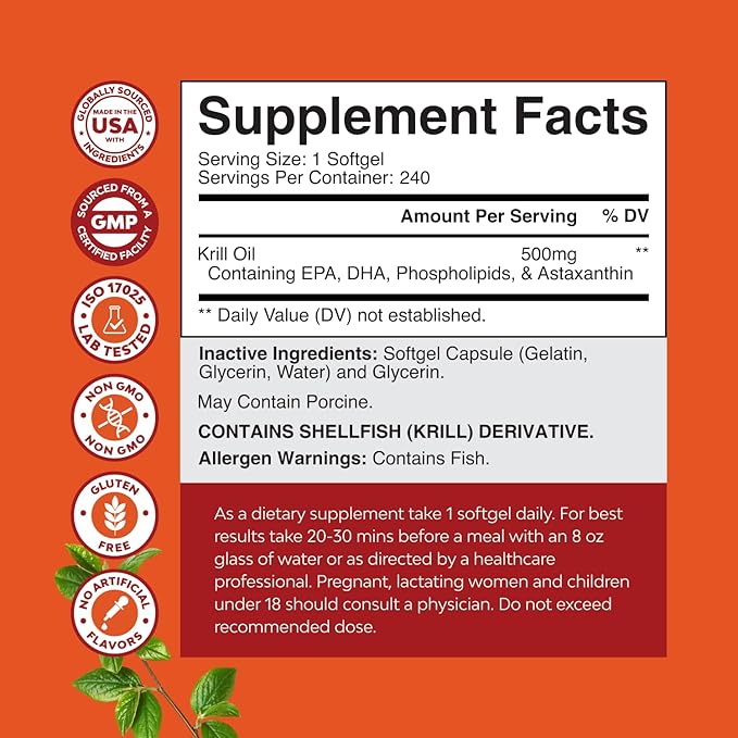 Antarctic Krill Oil Softgels - Omega 3 Krill Oil Supplement with EPA DHA &amp Astaxanthin for Brain &amp Healthy Heart Health - No Gluten GMOs or Fishy Aftertaste - 240 Count