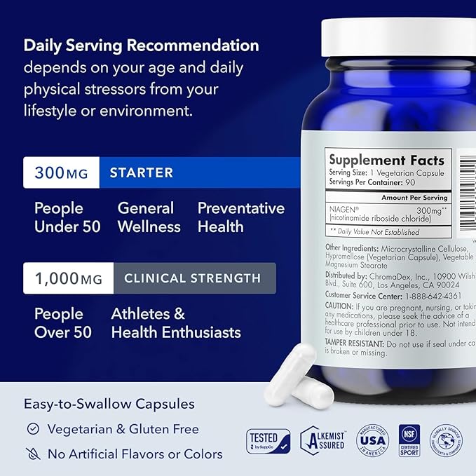TRU NIAGEN Patented NAD Supplement for Brain Function Anti Aging &amp Cell Regeneration 300mg Niagen 90 Servings | Supports Cellular Energy Muscle | Nicotinamide Riboside (NR) Take 1 Daily | 1 Bo