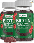 YumVs Biotin Gummies 5000mcg - Luscious Raspberry Flavor - Thicker Faster Hair Growth Gummies for Women or Men - Hair Skin &amp Nails Vitamins - Hair Gummy - Vegetarian Biotin Supplement (60 Ct. 2p