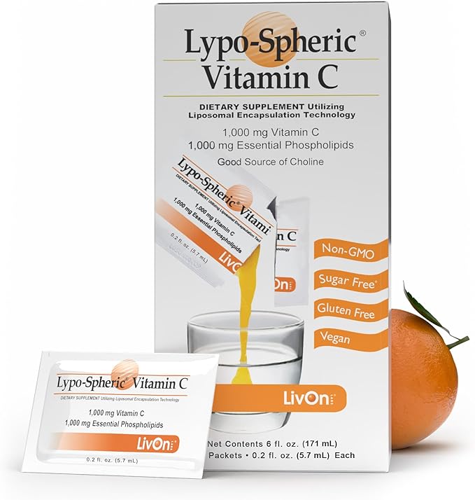 LivOn Laboratories Lypo–Spheric Vitamin C 1000 mg Vitamin C &amp 1000 mg Essential Phospholipids Per Packet Liposome Encapsulated for Improved Absorption 100% Non–GMO 1 Carton 0.2 Fl Oz (Pack of