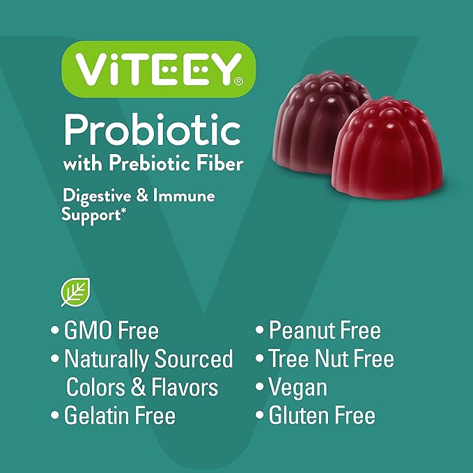 VITEEY Probiotic Gummies with Prebiotics – Gut Health Supplements for Digestive Health – 2 Billion CFUs – Vegan Gluten-Free – 120 Count
