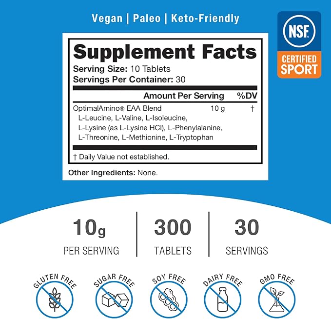 OptimalAmino Tablets (300 Count) | 99% Utilized Essential Amino Acids (EAA) Supplement Increase Muscle Recovery BCAA Protein Pre/Post Workout | NSF Certified for Sport® Certified