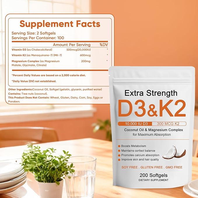 Vitamin D3 K2 Magnesium Complex Extra Strength D3 &amp K2 with Triple Magnesium Softgels D3 + K2 (Mk-7) | Support Bone &amp Immune | Improve Energy | Non-GMO 200 Softgels (1) (1)