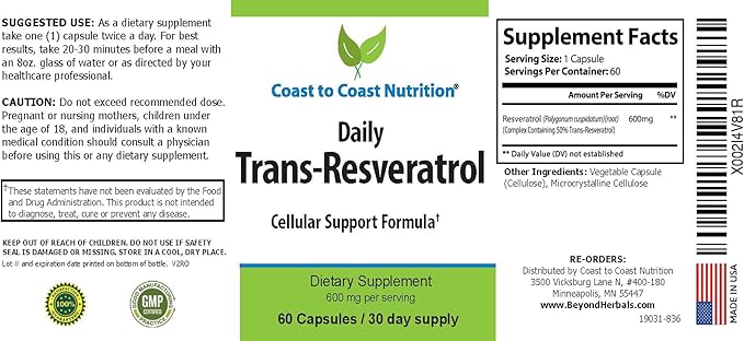 Trans-Resveratrol Supplement - Organic Capsules – Vegan Supplements for Women and Men Natural Antioxidant Polyphenols Supplement Anti Aging - 60 Capsules 600mg 30 Day Supply