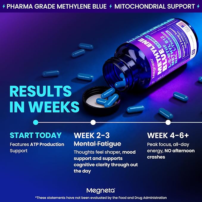 Methylene Blue Pharmaceutical Grade Capsules for Humans - Triple-Pathway Formula with Pure MB NAC L-5-MTHF L-Theanine&amp Methyl B12 | Cognition Mental Clarity Cellular Energy &amp Antioxidant