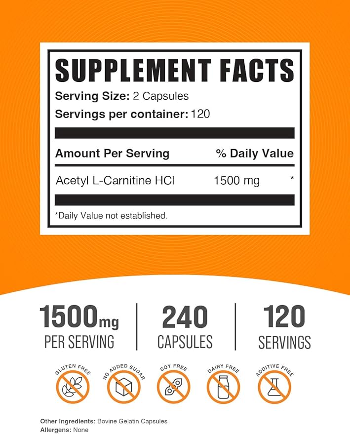BulkSupplements.com Acetyl L-Carnitine Capsules - ALCAR HCl Carnitine Supplement - ALCAR Capsules Acetyl L-Carnitine 1500mg - Gluten Free 2 Capsules per Serving 240 Capsules