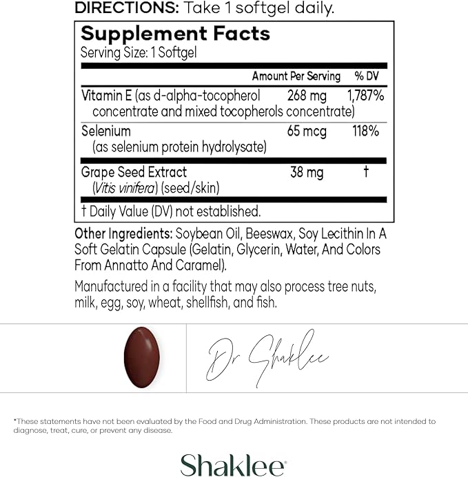 Shaklee - Vitamin E - Supports Heart Brain and Prostate Health -Neutralizing Damage Caused by Free Radicals Vita-E® 400 IU Tablets with Selenium and Grape Seed Extract - 90 Softgels