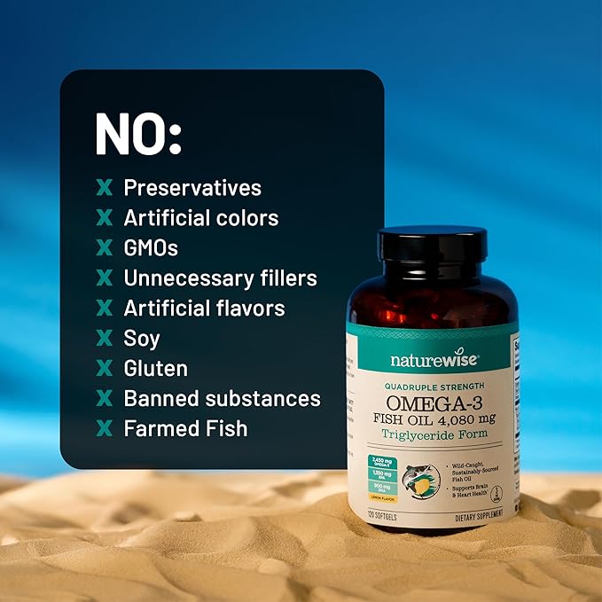 NatureWise Quadruple Strength Omega 3 Fish Oil 4080mg- Natural TG Form + Wild Caught - 2450mg Omega 3 + 1350mg EPA 900mg DHA - Burpless - Non-GMO &amp USA Manufactured - 120 Softgels[40 Day Supply]