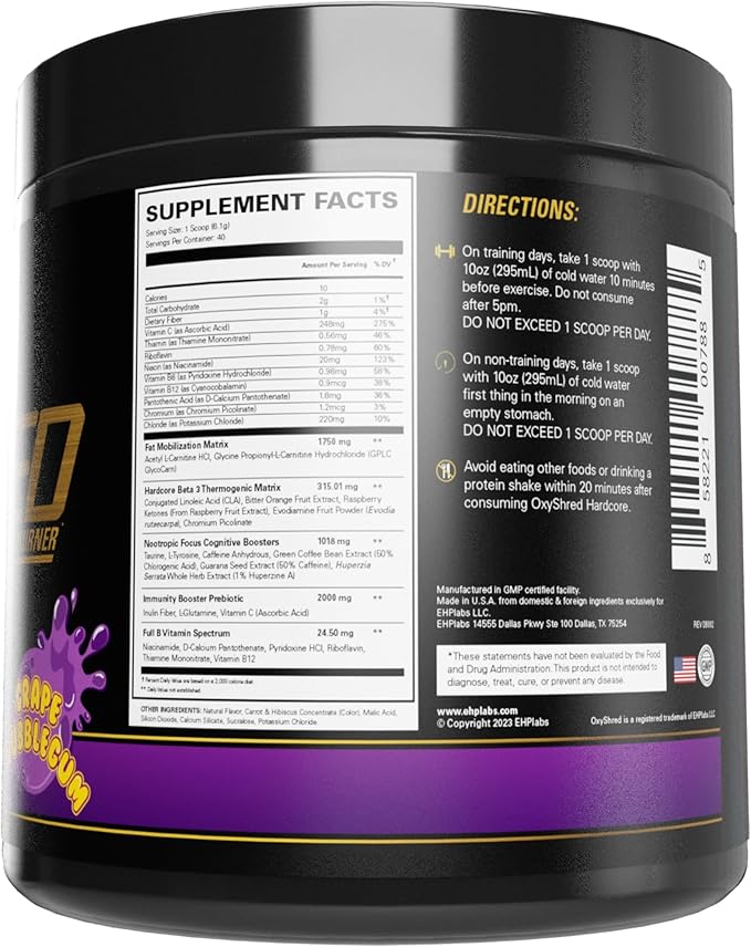 EHP Labs OxyShred Hardcore Super Dosed Pre Workout Powder - Preworkout Powder with L Glutamine &amp Acetyl L Carnitine Energy Boost Drink - 275mg of Caffeine - Grape Bubblegum 40 Servings