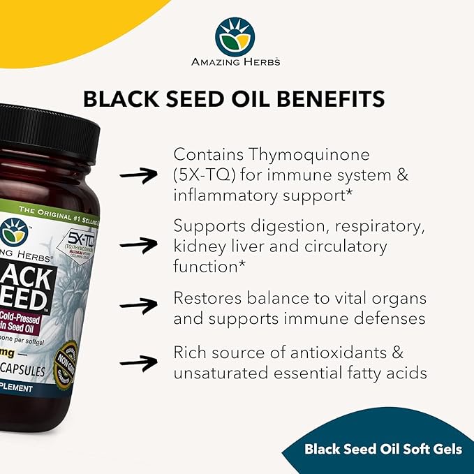 Amazing Herbs Premium Black Seed Oil Capsules - Gluten Free Non GMO Cold Pressed Nigella Sativa Aids in Digestive Health Immune Support- 90 Count (Pack of 2)