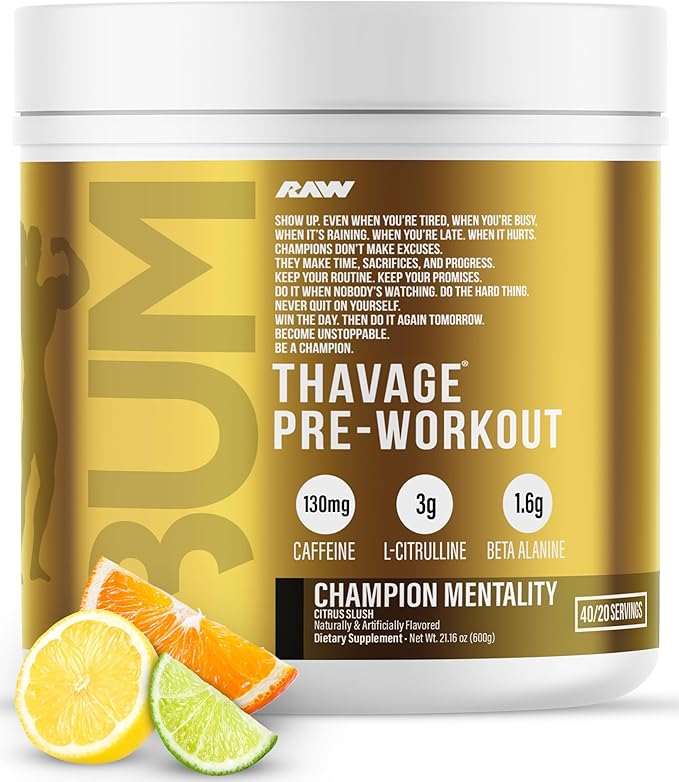 RAW Pre Workout Powder Thavage (Champion Mentality) - Chris Bumstead Sports Nutrition Supplement for Men &amp Women - Cbum Pre Workout for Working Out Hydration Mental Focus &amp Energy - 40 Serv