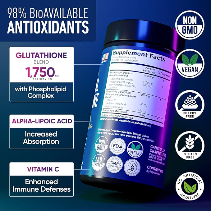 Liposomal Glutathione Supplement 1000MG + 750MG- Glutathione Liposomal with VIT C + Phospholipid Antioxidant Complex - Liver Detox and Immune Support Supplement - 120 Caps - Powder&ampLiquid Alternat