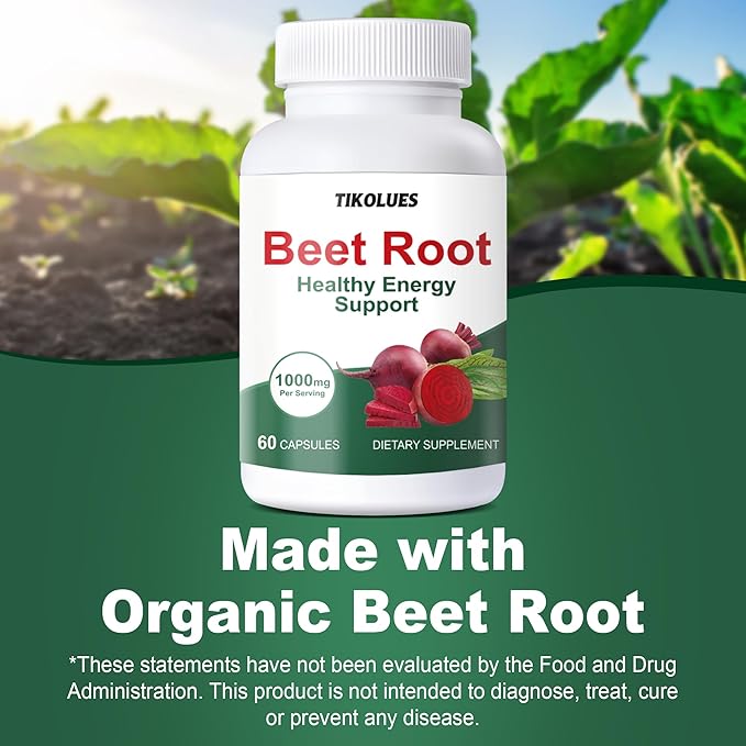 TIKOLUES Beet Root Supplement 1000mg Organic Beetroot Supports Energy &amp Circulation Non-GMO - 60 Capsules