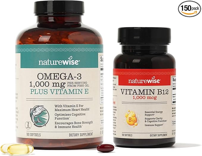 NatureWise High-Potency 1000mg Omega 3 600mg EPA 400mg DHA Vitamin E 180ct &amp 1000mcg Vitamin B12 150 Softgels Supplement Bundle