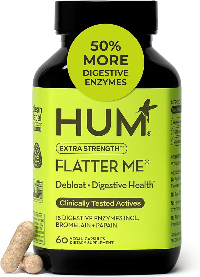 HUM Flatter Me Extra Strength Digestive Enzymes for Women Men Digestive Gut Bloating Supplement Ginger Peppermint Leaf Fast Acting Anti Bloat Pills Multi Enzyme for Debloating 60 Capsules