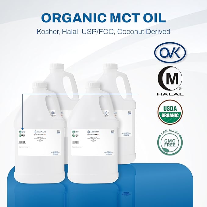 Lab Alley MCT Oil USDA Organic Coconut Kosher Certified Halal Non-GMO - 4 Gallons (Pack of 4 x 1 Gallon Bottles)