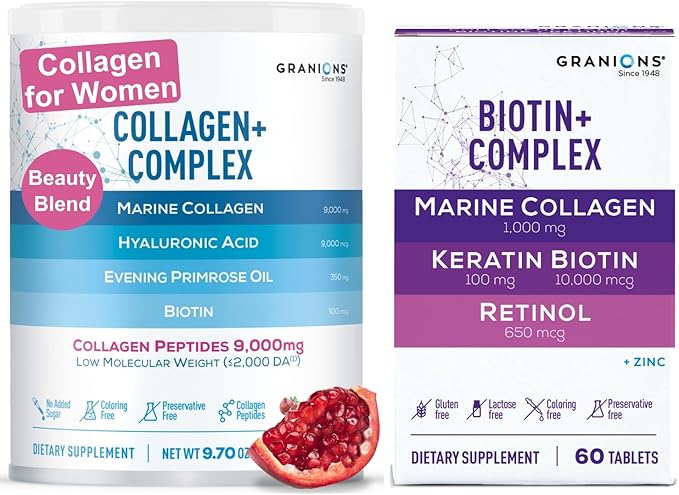 Biotin Keratin Collagen Complex and Marine Collagen Pomegranate Powder Hair Growth and Beauty Bundle
