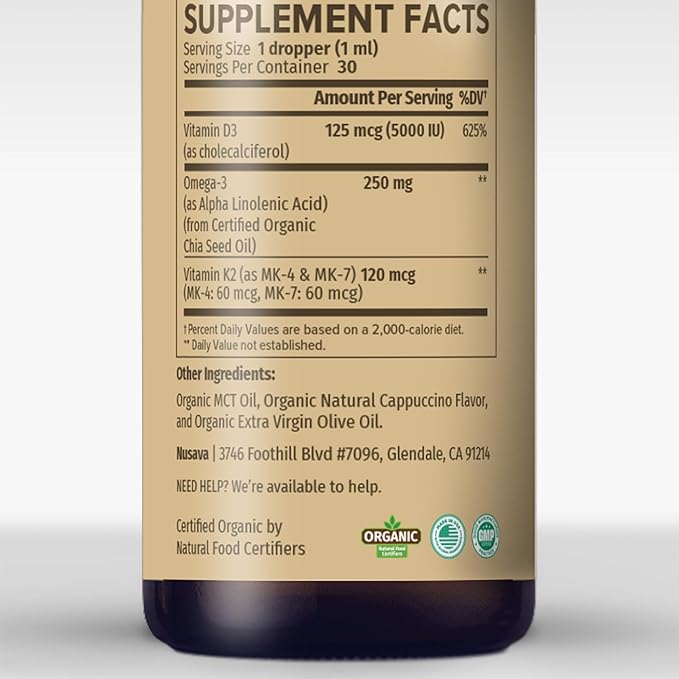 (2 Pack) Organic Vitamin D3 K2 Drops with MCT Oil Omega 3 5000 IU Maximum Strength Vitamin D Liquid No Fillers Non-GMO Liquid D3 for Faster Absorption Immune Support (Cappuccino Flavor 2 Fl Oz)