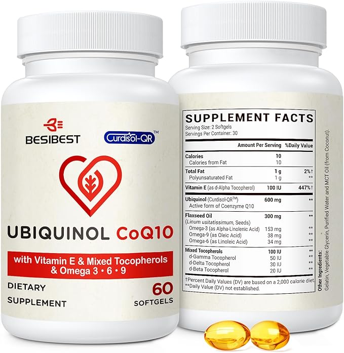 Besibest Ubiquinol CoQ10-600mg-Softgel Active Coq10 Ubiquinol Supplement with Vitamin E &amp Omega 3 6 9 High Absorption-Coenzyme-Q10 Powerful Antioxidant for Energy Production Tested 60 Count