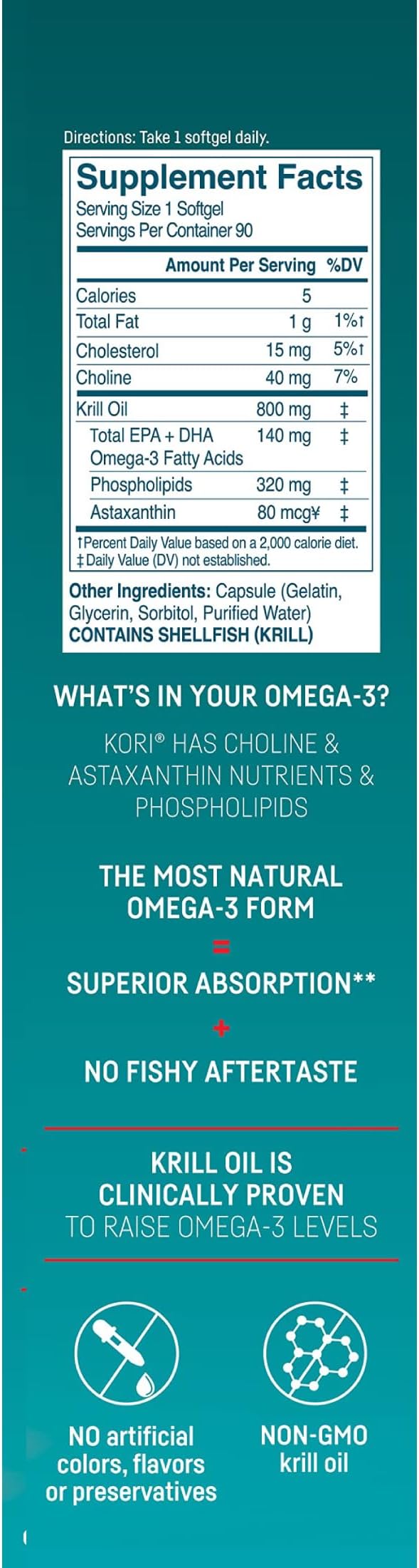 Kori Krill Antarctic Krill Oil Omega 3 Supplement EPA &amp DHA Superior Absorption vs Fish-Oil 800 mg 90 softgels