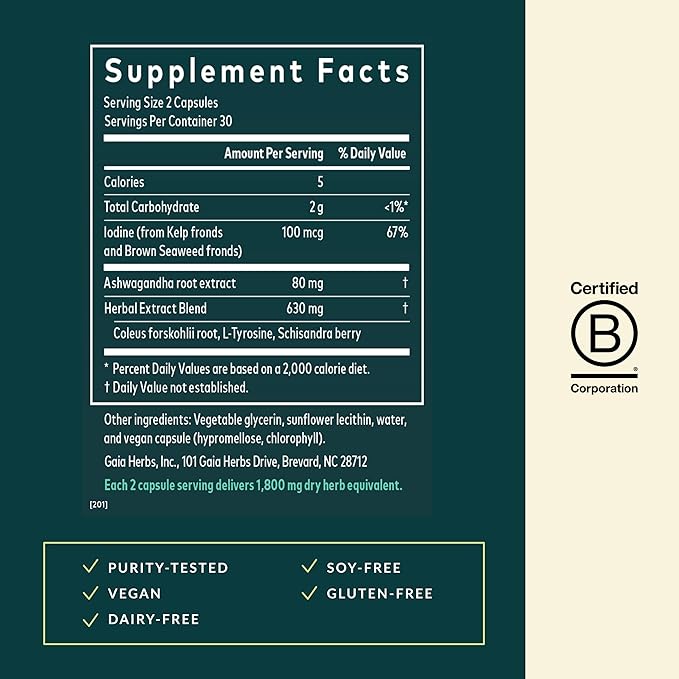 Gaia Herbs Thyroid Support - Made with Ashwagandha Kelp Brown Seaweed &amp Schisandra to Support Healthy Metabolic Balance &amp Overall Well-Being* - 60 Vegan Liquid Phyto-Caps (30 Servings)