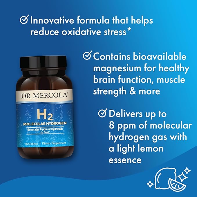 Dr. Mercola H2 Molecular Hydrogen - Supports Healthy Aging Cellular Energy &amp Brain Health - with Elemental Magnesium - GMO-Free Gluten-Free &amp Soy-Free - 90 Tablets (90 Servings)