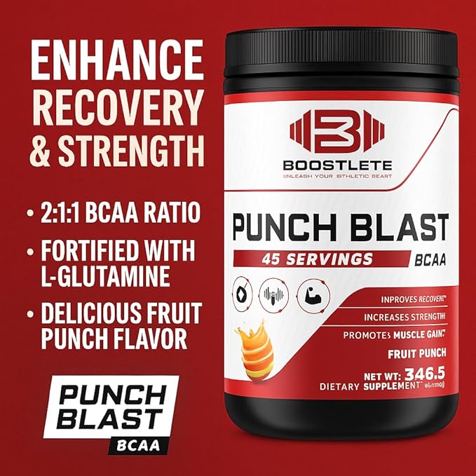 Punch Blast BCAA Powder – Fruit Punch Flavor – Intra Workout Amino Acids with Glutamine &amp Vitamin B6 – 45 Servings – Muscle Recovery &amp Strength Support Supplement