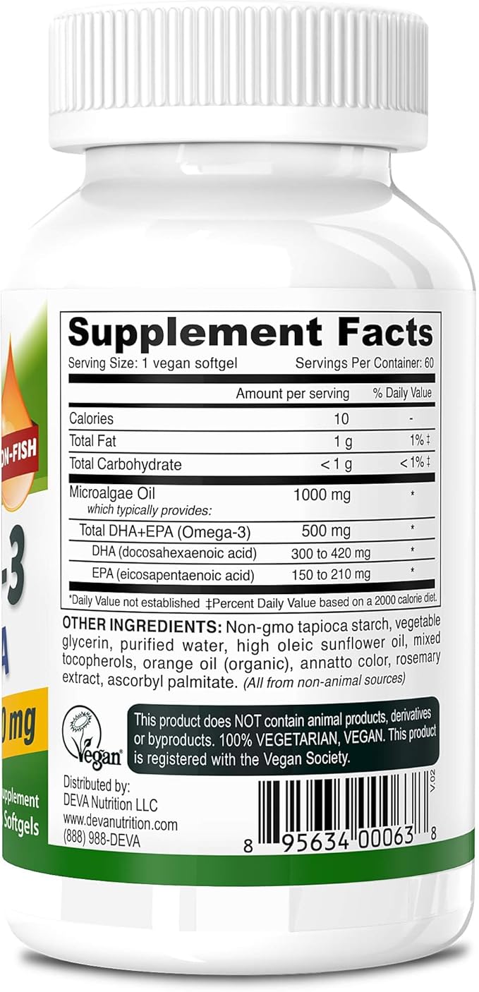 DEVA Vegan Omega-3 DHA-EPA 500MG 2-Pack – No Carrageenan Non-Fish Oil Derived from Algae Non-GMO 60 Gelatin-Free Softgels Ea