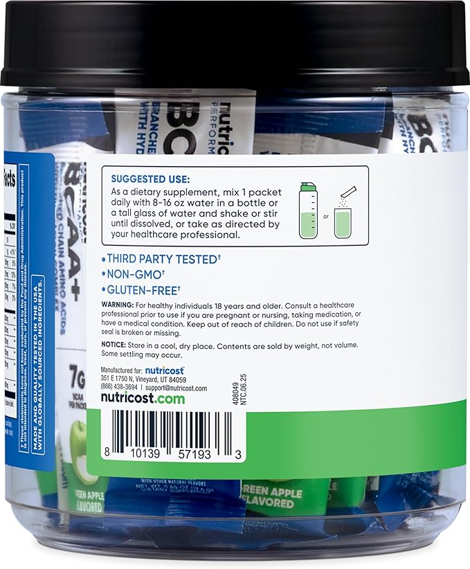 Nutricost BCAA+ Hydration Green Apple Flavored (20 Stickpacks) - Branched Chain Amino Acids with Hydration Complex - Gluten-Free Non-GMO