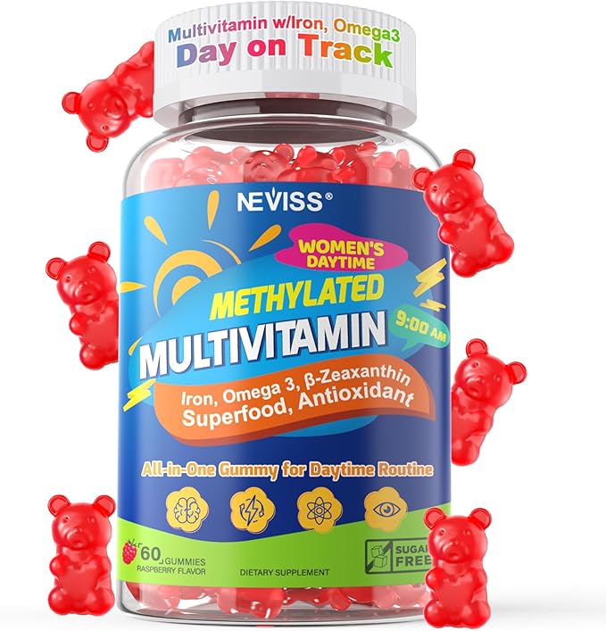NEVISS Methylated Multivitamin Gummies with Iron for Women Omega-3 B6 Folate B12 Inositol for Daytime Routine Daily Vitamin Gummy ALA | Beet Root | Astaxanthin Energy Brain Antioxidant Vegan